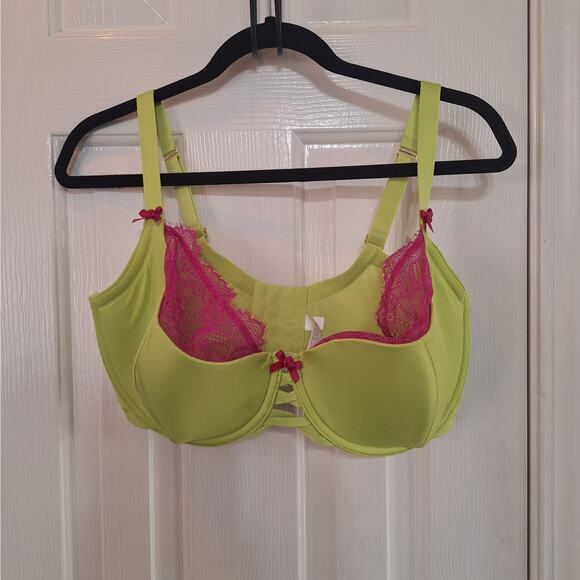 Cacique 40G Lightly Lined French Balconette lime lace pink underwire bra - Picture 2 of 4